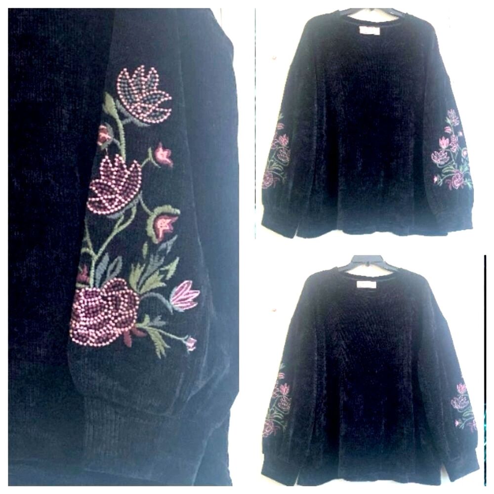 SINUOUS Sweater Size M Black Velvet Bubble Sleeve Floral Embroidery Sweater